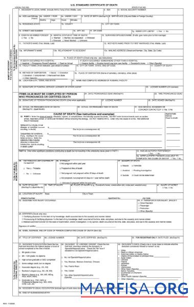 Printable USA General Register death cetificate sample